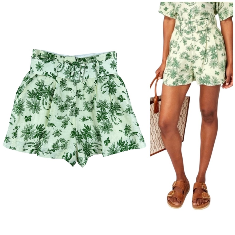 Sandro Leman Linen Floral Print Belted Shorts Size 4 / SMALL High Rise Palm Tree